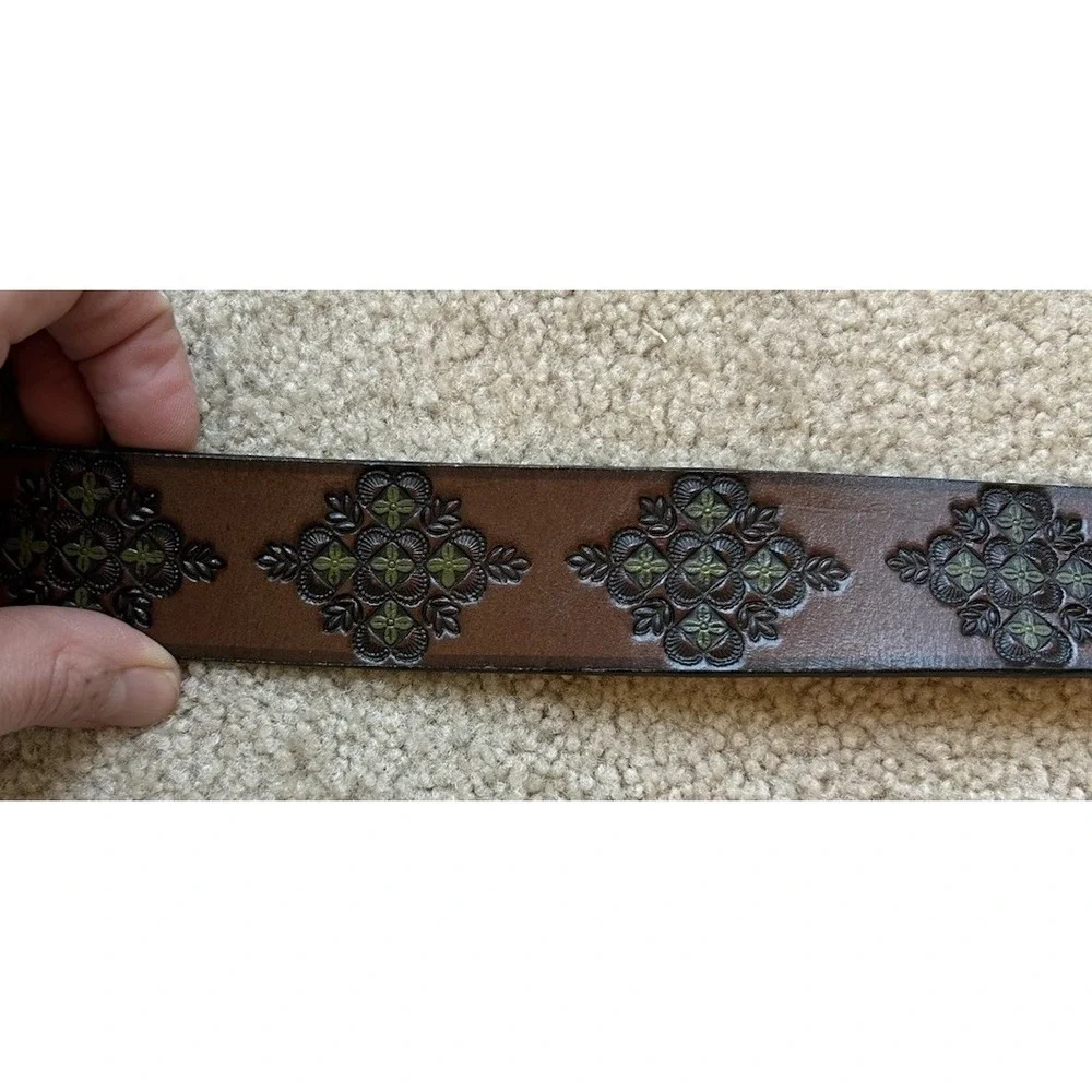 Tooled Leather Belt Butterfly Art Resin Buckle USA Bohemian L Psychedelic Pin Up